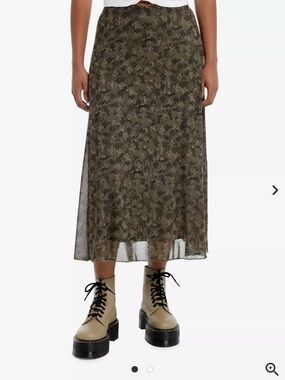 Social Collision Skeleton Flowers Green Mesh Midi Skirt